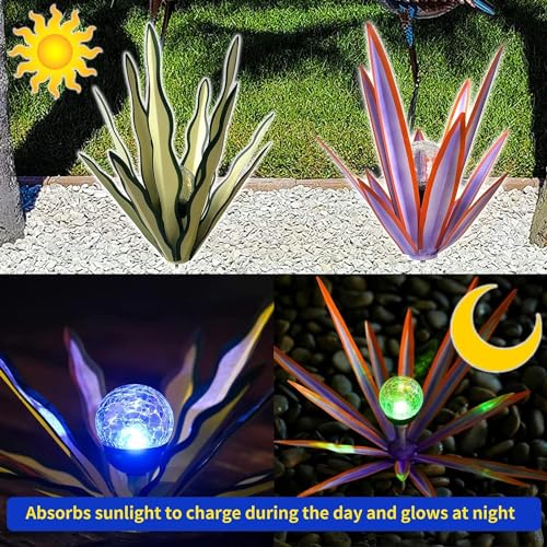 Metal Agave Plant Garden Art, 2 Pack Tequila Rustic Sculpture, Rustic Metal Agave Plants Garden Lawn Home Ornaments, for Yard Stakes, Garden Figurines, Outdoor Patio (2 PCS Purple with Light) - color: 2 Pcs Purple With Light