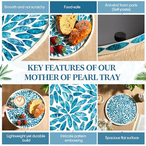 Chunful Mother of Pearl Round Serving Tray Wood Coffee Table Tray 10.4 Inch for Tea Breakfast Kitchen Cabinet(Leaf Style) - style: Leaf Style