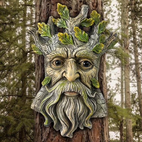 Teaeeno Whimsical Tree Face Garden Decoration, 9.8 in Tree Faces Decor Outdoor Wallmounted Statue Art with Leaf Features, Outdoor Decor Garden Accessory (Nature and Outdoors) - color: Gold