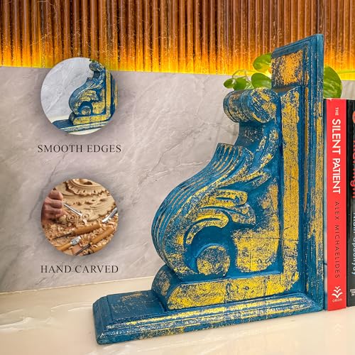 Vintage One Pair of Distressed-Finish Wooden bookends with a Carved Pattern, Perfect for Shelves, Heavy bookends for Books, and Modern Accent for Living Room,Office (Rustic Blue) - color: Rustic Blue