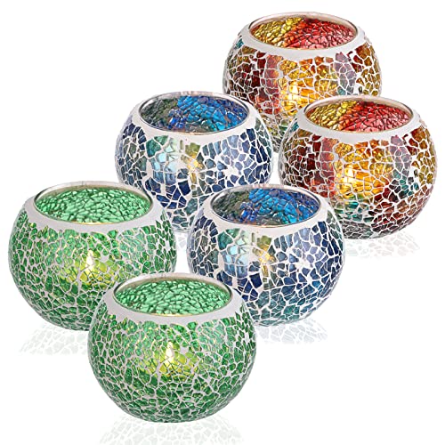 OwnMy 6PCS Mosaic Glass Tealight Holders: Round Votive Candle Holders & Stands for Table Centerpieces, Multicolor Glass Mosaic Tealight Holders, Small Potted Plant Bowl Candle Vases - color: Multicolor Set