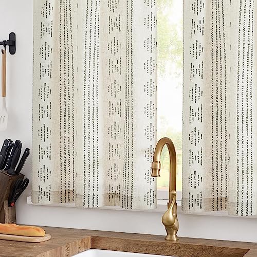 jinchan Boho Kitchen Curtains Linen Tier Curtains 24 Inches Bohemian Cafe Small Drapes Gray Striped Mudcloth Farmhouse for Bathroom RV Camper Light Filtering Rod Pocket 2 Panels Grey on Beige - color: Boho Grey on Beige, size: 26"W x 24"L (Pack of 2)