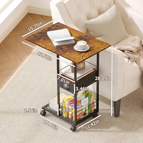 Rolling C-Shaped Side Table with Wheels and Oversized Wood Top, Mobile Overbed Stand with Drawer for Bed or Sofa, Metal Frame Couch Companion for Living Room, Bedroom, or Home Office (Large Desktop) - color: Black, size: X-Large (With Drawer & Wheels)