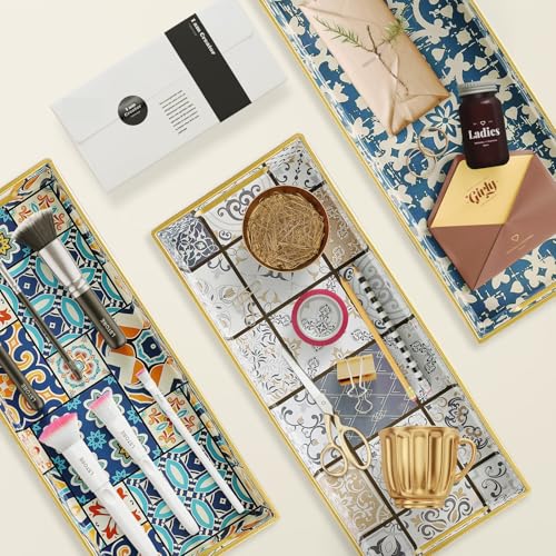 Bathroom Vanity Tray for Countertop, Small Plastic Toilet Tank Tray Versatile Storage & Organization Tray for Makeup, Perfume, Desk, Kitchen, Candles, 13.7"x6"x1.4", 35Boho2 - color: 15multi2