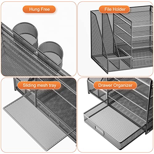 Marbrasse 5-Tier Paper Letter Tray Organizer with Drawer and Pen Holder, Mesh Desktop Organizer and Storage with Magazine Holder for Office Supplies (Grey) - color: Gray
