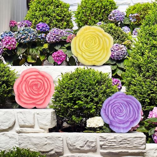 Cinnvoice 3 Pack Garden Stepping Stone Outdoor, Decorative Dimensional Resin Stepping Stones for Patio Pathway Landscaping Walkway Sculpture Yard Backyard Lawn(Rose,10 Inches) - size: 10 Inches, style: Rose