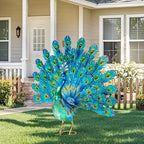 27.5" Metal Peacock Garden Statue with Tail Spread, Handmade 3D Textured Peacock Garden Sculptures Metal Yard Art for Patio, Garden or Entryway - color: 27.5"h-glossy Green Peacock
