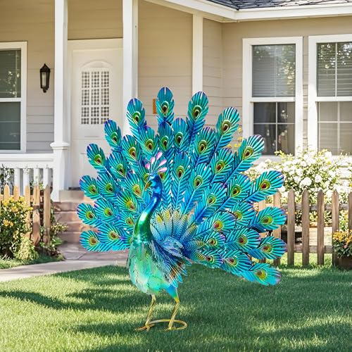 27.5" Metal Peacock Garden Statue with Tail Spread, Handmade 3D Textured Peacock Garden Sculptures Metal Yard Art for Patio, Garden or Entryway - color: 27.5"h-glossy Green Peacock