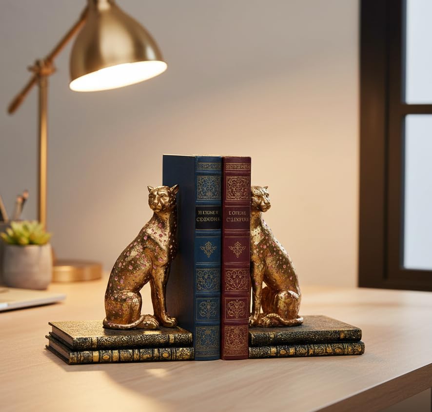 Comfy Hour 9.1" Gold Cheetah Egyptian Bastet Figurine Style Bookends, Antique Vintage Leopard Statue Home Decor, Heavy Duty Animal Book Stoppers Pair