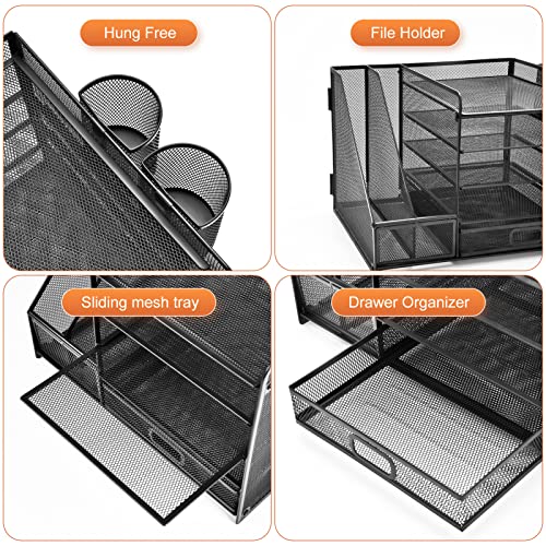 Marbrasse Desk Organizer with File Holder, 5-Tier Paper Letter Tray Organizer with Drawer and 2 Pen Holder, Mesh Desktop Organizer and Storage with Magazine Holder for Office Supplies(Black) - color: Black