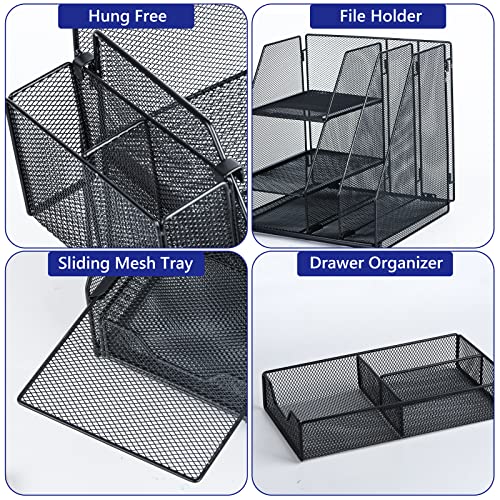 Topwey Desk Organizer, File Organizer for Desk with 2-Tier Paper Letter Tray, Drawer and 2 Pen Holder, Mesh Desktop Organization with Magazine Holder for Office Supplies - color: dark black