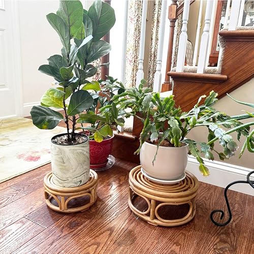 KUTORKILL Set of 2 Large Rattan Wicker Round Risers Decorative Indoor Plant Stand, Mid Century Minimalist Modern Plant Stands, Boho Short Plant Stand Holder Suitable Fits 8'' and 12'' Pots - size: 9.0" & 12"