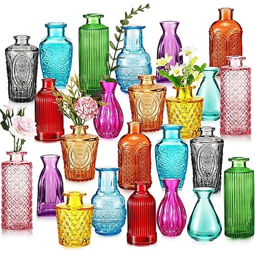 Dandat 24 Pieces Colored Small Vases Decorative Glass Bud Vases Rustic Embossed Colorful Bottles Vintage Glass Bottles for Flowers Home Wedding Decor Table Centerpieces Decorations, 12 Styles