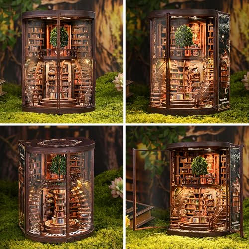Book Nook Kit - Wisdom Rings Book Archive - Wooden Bookend and 3D Puzzle with LED Light, DIY Set for Adults, Bookshelf Decoration Diorama Kit, for Birthdays