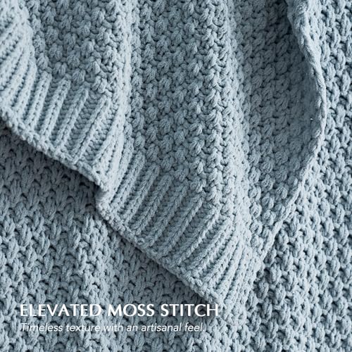 EVERGRACEHOME Chunky Chenille Knit Throw Blanket for Couch, Soft Luxurious Moss Stitch Blankets for Bed, Cozy Decorative Farmhouse Knitted Throws for Sofa, Chambray Blue, 60" x 80" - color: Chambray Blue, size: 60" x 80"