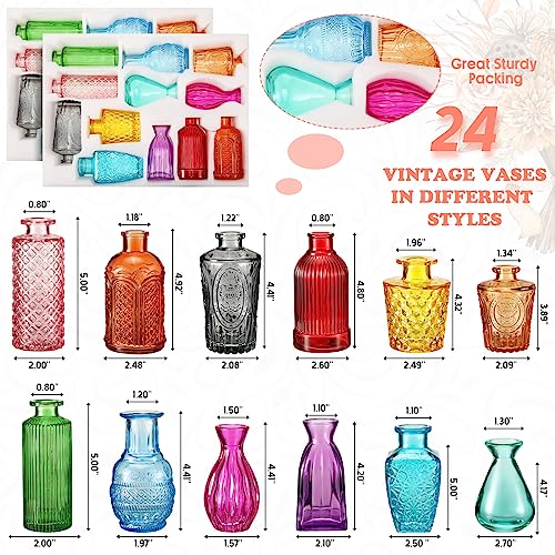 Dandat 24 Pieces Colored Small Vases Decorative Glass Bud Vases Rustic Embossed Colorful Bottles Vintage Glass Bottles for Flowers Home Wedding Decor Table Centerpieces Decorations, 12 Styles