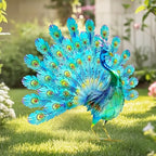 27.5" Metal Peacock Garden Statue with Tail Spread, Handmade 3D Textured Peacock Garden Sculptures Metal Yard Art for Patio, Garden or Entryway - color: 27.5"h-glossy Green Peacock