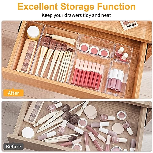 SMARTAKE 13-Piece Drawer Organizers with Non-Slip Silicone Pads, 5-Size Desk Bathroom Drawer Organizer Trays Storage Tray for Makeup, Jewelries, Utensils in Bedroom Dresser, Office and Kitchen, Clear - size: 13 PCS