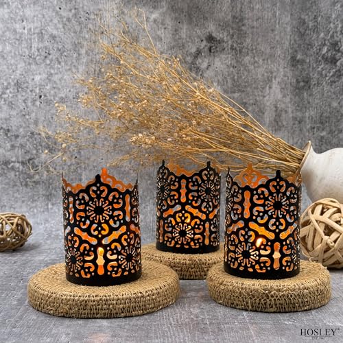 Hosley Set of 3 Black Finish Metal Candle Holders 4 Inch High Lattice Cut Lanterns for Coordinated Elegance and Enchanting Illumination Elevate Your Decor - color: Black, size: 4 inch High