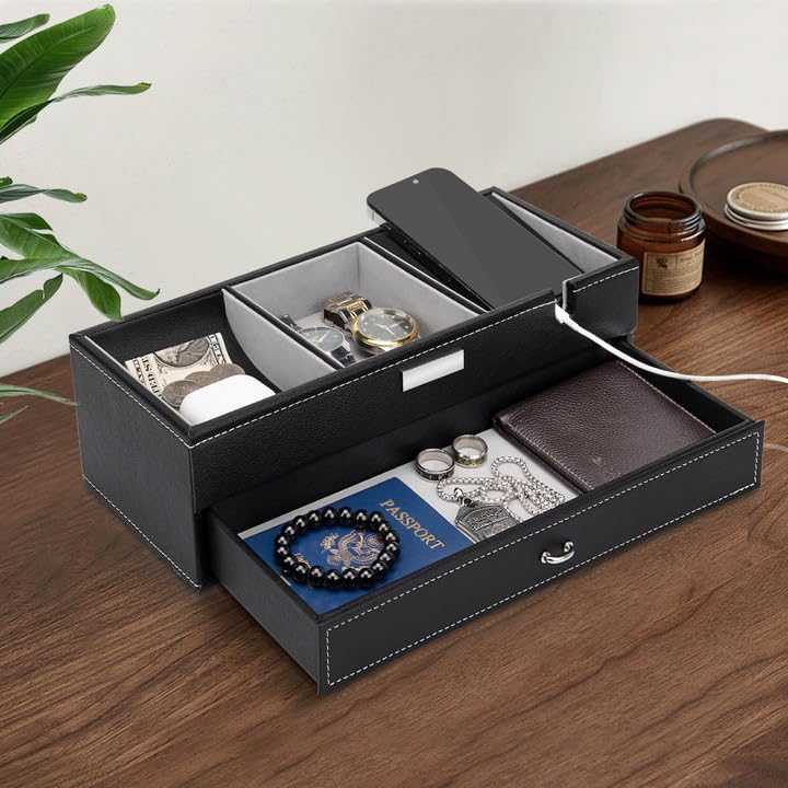 Baoyun Mens Valet Tray, Nightstand Organizers for Men, Leather Jewelry Storage Box Bedside Table Organizer EDC Catch All for Jewelry Key Wallet and Phone - color: Brown