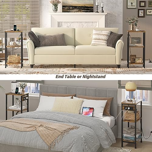Asgolion Tall End Table with Charging Station, 3 Tier Narrow Tall Nightstand with Storage, Slim Side Table with USB Ports and Outlets for Bedroom, Living Room, Office, Rustic Brown and Black - color: Rustic Brown, style: With Outlet