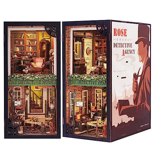 Cutefun Book Nook Kit, DIY Miniature Dollhouse Booknook for Adults, 3D Wooden Puzzle Bookend Bookshelf Insert Decor with LED Light, Gift for Craft Lovers (Rose Detective Agency) - style: Rose Detective Agency