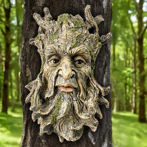 Teaeeno Whimsical Tree Face Garden Decoration, 10.2 in Tree Faces Decor Outdoor Wallmounted Statue Art with Leaf Features, Outdoor Decor Garden Accessory (Nature and Outdoors) - color: Yellow