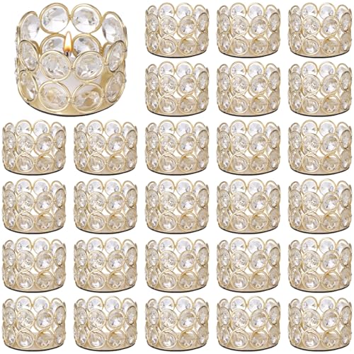 30 PCS Metal Crystal Tealight Candle Holders, Golden Iron Candle Stand with Clear Plastic Crystal, Elegant Table Centerpiece Decor for Weddings Dining Events Parties Celebrations