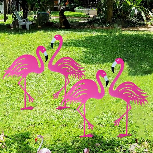 Riakrum 4 Pcs Flamingos Outdoor Yard Decor Pink Metal Flamingos for Yard Garden Large Bird Statue Ornaments for Lawn, Patio Outside Art Decor - style: Flamingo