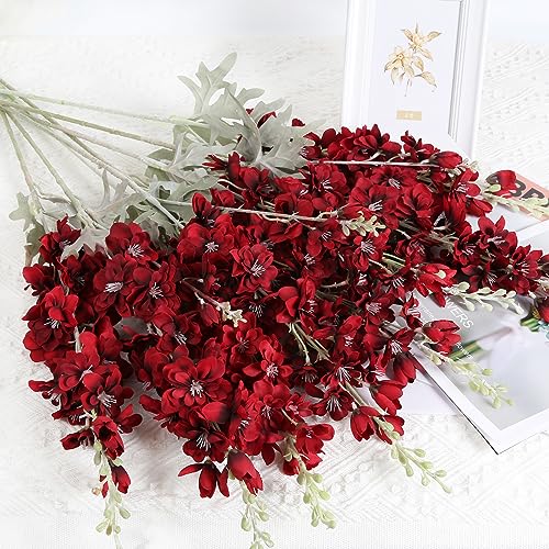 8pcs Red Delphinium Artificial Flowers 33.5in Long Stem Larkspur Fake Silk Flowers for Tall Vase Faux Flowers for Home Wedding Baby Shower Floral Arrangement Centerpiece Table Decor (Dark Red) - color: Red