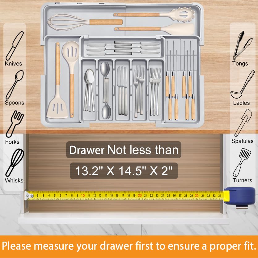 Silverware Drawer Organizer for Kitchen, Adjustable Utensil Drawer Organizer with 2 Knife Block, BPA Free Flatware and Cutlery Holder, Expandable Plastic Storage for Spoons Forks Knives(Grey) - color: Grey