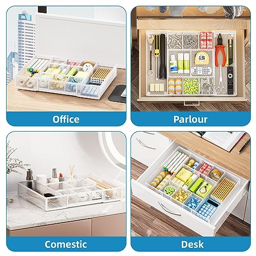 Marbrasse Expandable Desk Drawer Organizer, Mesh Drawer Organizer Tray with 10 Adjustable Compartments, Desk Organizers and Accessories, 5 Dividers Drawer for Office Supplies, Makeup & Vanity (White) - color: Expandable-White