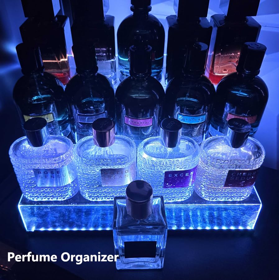 YMVV 15.7 IN Clear Acrylic Display Riser Shelf with LED light,3 Tier Display Step Shelves Holder, Perfume Cologne Organizer Holder,Pops Toys Figures, Clear Cupcake Riser, Dessert Shelf ,2 Pack - color: LED+15.7IN+2 Pack