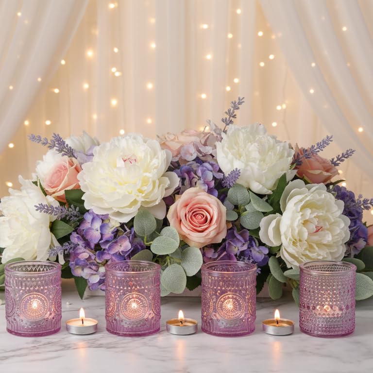 LETINE 16 Pack Purple Votive Candle Holders for Tea Lights Candles, Assorted Glass Candle Holder Bulk Set with 4 Patterns for Home Decor, Parties & Spring Summer Wedding Centerpieces - color: Purple