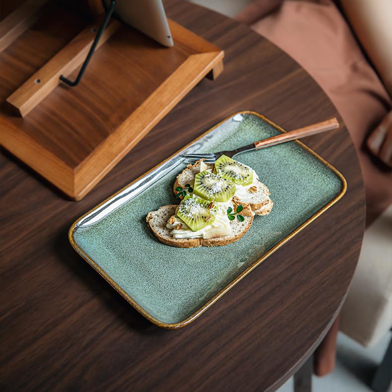 10 Inch Green Ceramic Rectangular Serving Platter, Reactive Glaze Serving Tray for Dinner, Appetizer, Sushi, Vanity Organizer, Perfume Tray, Microwave & Dishwasher Safe