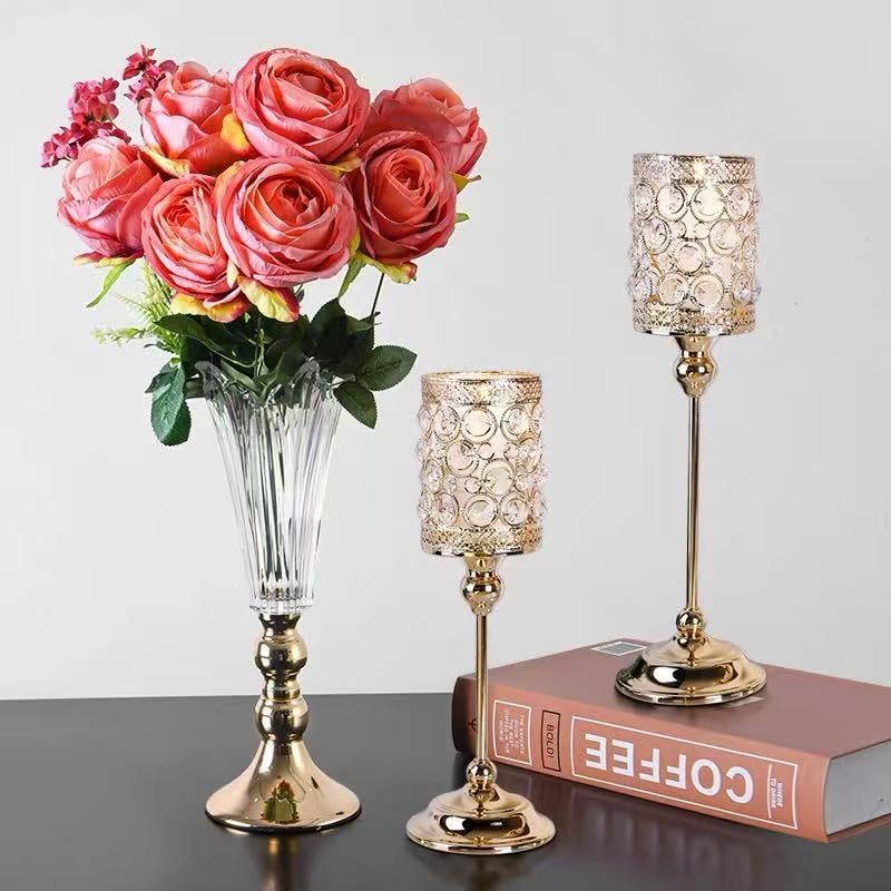 ZENATION-Luxury Crystal Candle Holder – Metal Decorative Candle Stand, Elegant Crystal Beaded Design for Home Décor, Weddings, and Table Centerpieces (Gold, Medium) - size: Medium