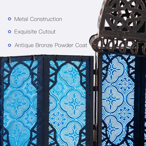 NEEDOMO Hanging Moroccan Lantern, 11'' Vintage Candle Holder, Metal Lanterns Decorative Indoor Outdoor, Table, Patio, Porch, Shelf, Gothic Home Decor (Blue, Medium Size) - color: Blue, size: Medium