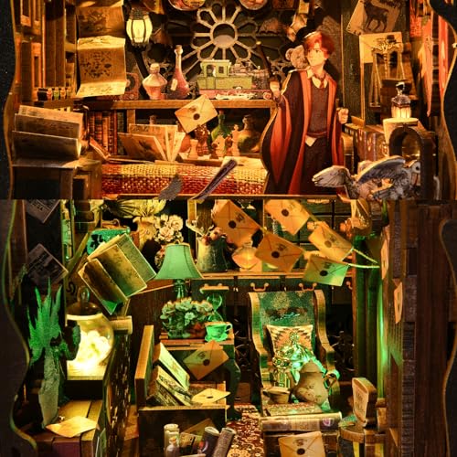 TOYQI Book Nook Kit, Book Nook Kits for Adults, DIY Miniature Dollhouse Kit 3D Wooden Puzzle Booknook Bookend with LED Light - style: MAGICIAN'S HOUSE