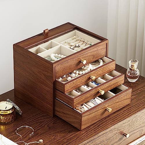 CHOSIN Black Walnut Wooden Jewelry Box for Women, Wood Jewelry Organizer 4 Layer with Glass Lid and Pull-out Necklace Storage Layer, for Watch Necklace Ring Earring Storage Gifts for Mom - style: 4 Layer B