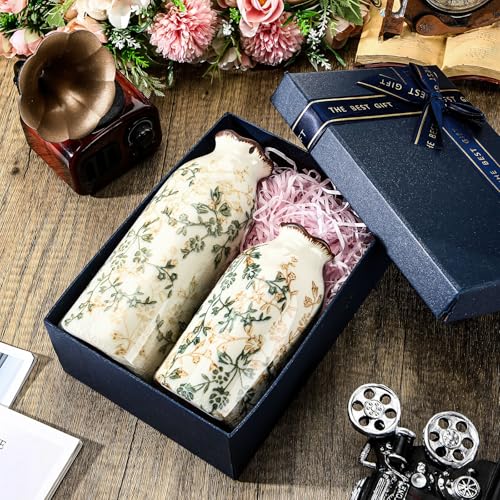 2 Pcs Green Vintage Vase Ceramic Rustic Crackle Floral Vase for Farmhouse Retro Home Bookshelf Living Room Table Centerpiece Decor (Middle and Small)