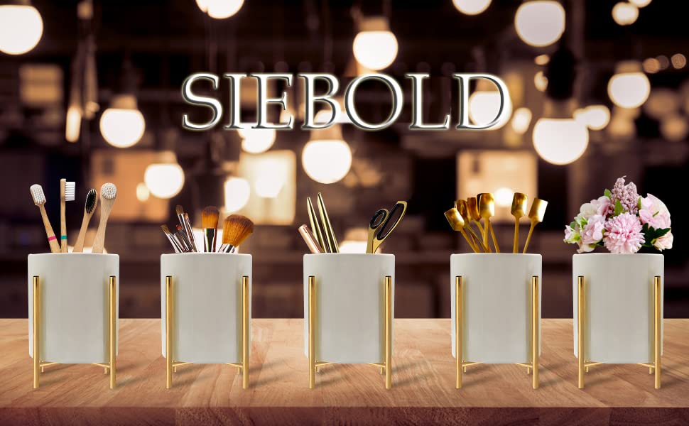 Gold pencil cup Sturdy metal frame with white ceramic pen holder For desks and kitchen appliance holders - color: White gold, size: H 4.6''