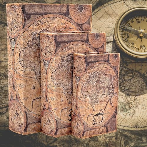 Bellaa Decorative Book Box Antiques Vintage Retro Invisible Secret Storage Faux Leather Wood Magnetic Set of 3 (A Antique Map) - style: A Antique Map