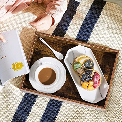 Hanobe Brown Decorative Serving Trays: Rustic Brown Rectangle Tray Decor with Cutout Handles for Coffee Table Ottoman Living Room Kitchen Home Decor, Large - size: 15.8" x 11.8" x 2"