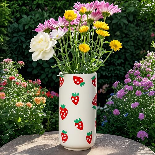 MOUGIGI Strawberry Ceramic Vase-Unique Aesthetic Design for Funky Flower Decor-Perfect Summer Fruit Theme Table Centerpiece-Ideal Gift for Parties and Special Occasions-Stylish Durable Home Decoration - color: Strawberry Vase