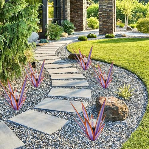 Metal Agave Plant Garden Art, 2 Pack Tequila Rustic Sculpture, Rustic Metal Agave Plants Garden Lawn Home Ornaments, for Yard Stakes, Garden Figurines, Outdoor Patio (2 PCS Purple with Light) - color: 2 Pcs Purple With Light