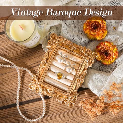 Vintage Ring Holder Rectangle Gold Velvet Display Stand - Baroque Jewelry Organizer Box Tray for Wedding Engagement Anniversary Women Birthday Christmas Gift Photograph Prop (MPF05-Gold White) - color: MPF05-Gold White