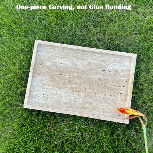 Travertine Stone Tray for Coffee Table, 12 x 8 inch Rectangle Marble Vanity Tray for Bathroom Countertop, Decorative Dish for Perfume Jewelry (Beige Travertine)