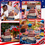 CroBlissful 4 Pcs 4th of July Decorations Patriotic Memorial Day Tabletop Decoration Red White Blue Table Centerpieces 250th Anniversary Wooden Fourth of July Sign for Office Tiered Tray Home Shelf - style: Independence