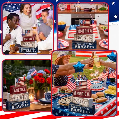 CroBlissful 4 Pcs 4th of July Decorations Patriotic Memorial Day Tabletop Decoration Red White Blue Table Centerpieces 250th Anniversary Wooden Fourth of July Sign for Office Tiered Tray Home Shelf - style: Independence