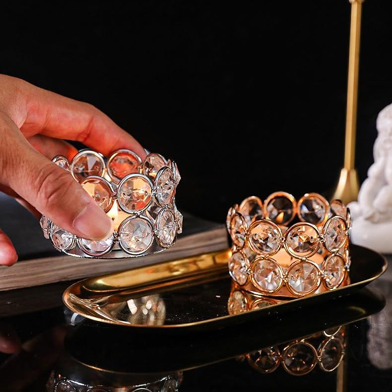 Crystal Tea Light Candle Holders，Gold Candlestick Holders for Wedding Party Table Decoration Housewarming Gift（2pcs）